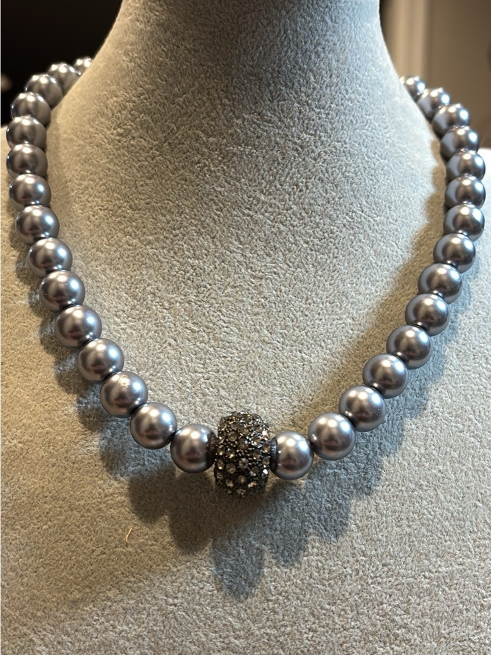 Silver faux Pearl Beaded Necklace with Pavé Center Bead